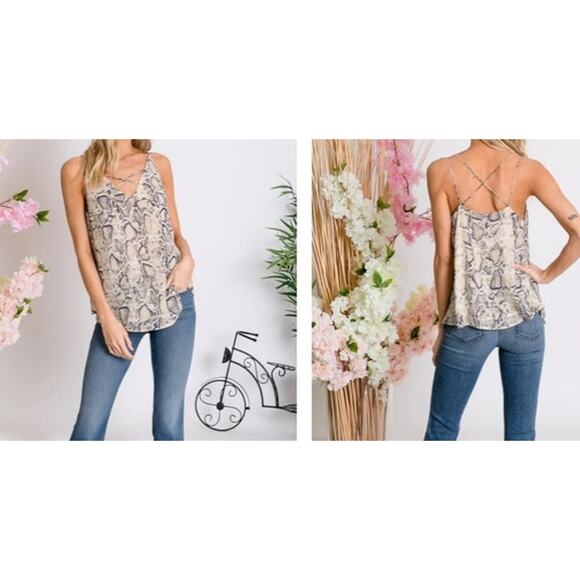 Davi & Dani Cream Blue Gray Python Double Strap Sleeveless Top Women's Medium - Picture 2 of 9